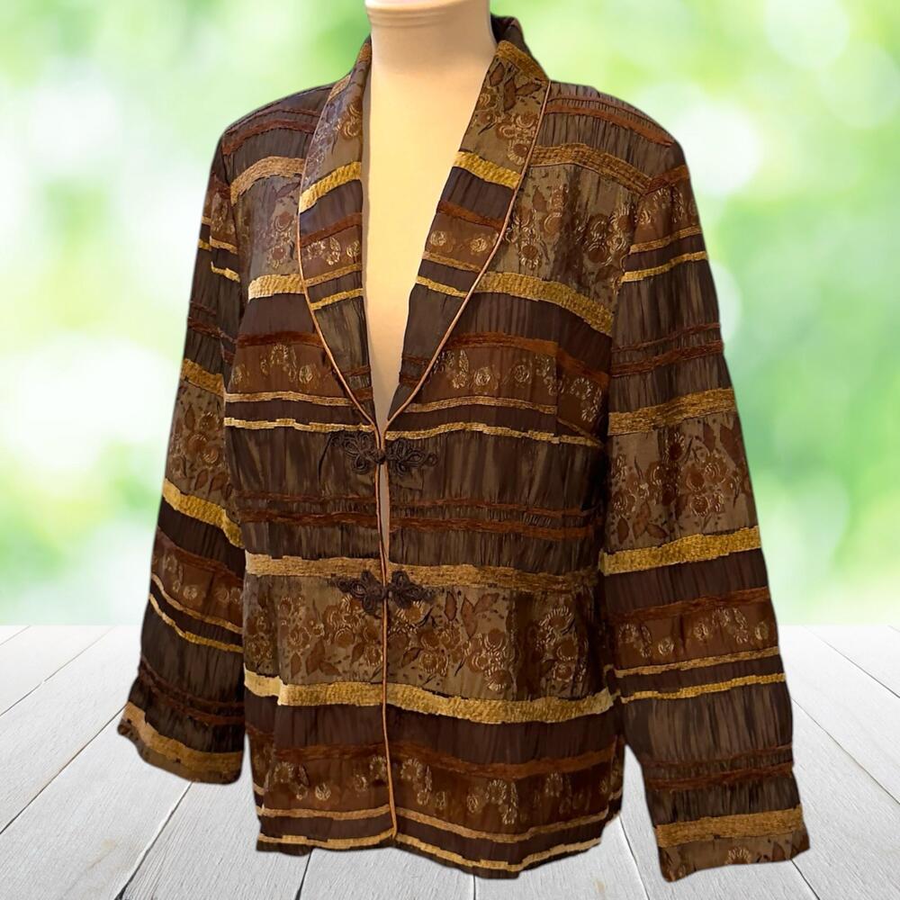 Vintage DANNY & NICOLE Jacket Brown Mixed Media Art Silk Ribbon Trim Womens 16
